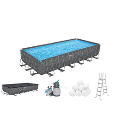 Bestway 561KG მართკუთხედი კარკასული აუზი 7.32m x 3.66m x 1.32m 31805ლ ქვიშის ფილტრით და კიბით